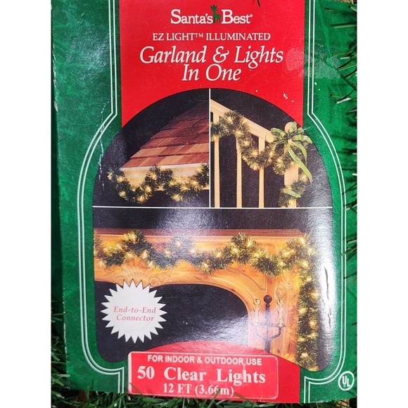 Vintage Santa's Best Green Garland & Lights in One 50 Multi Bulb 12ft Cord NOS - Picture 2 of 6